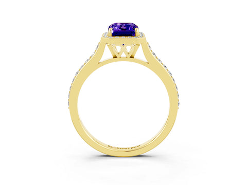 Yellow gold Emerald Cut Halo Round Diamond Pavé Band with Four-Prong Setting_3