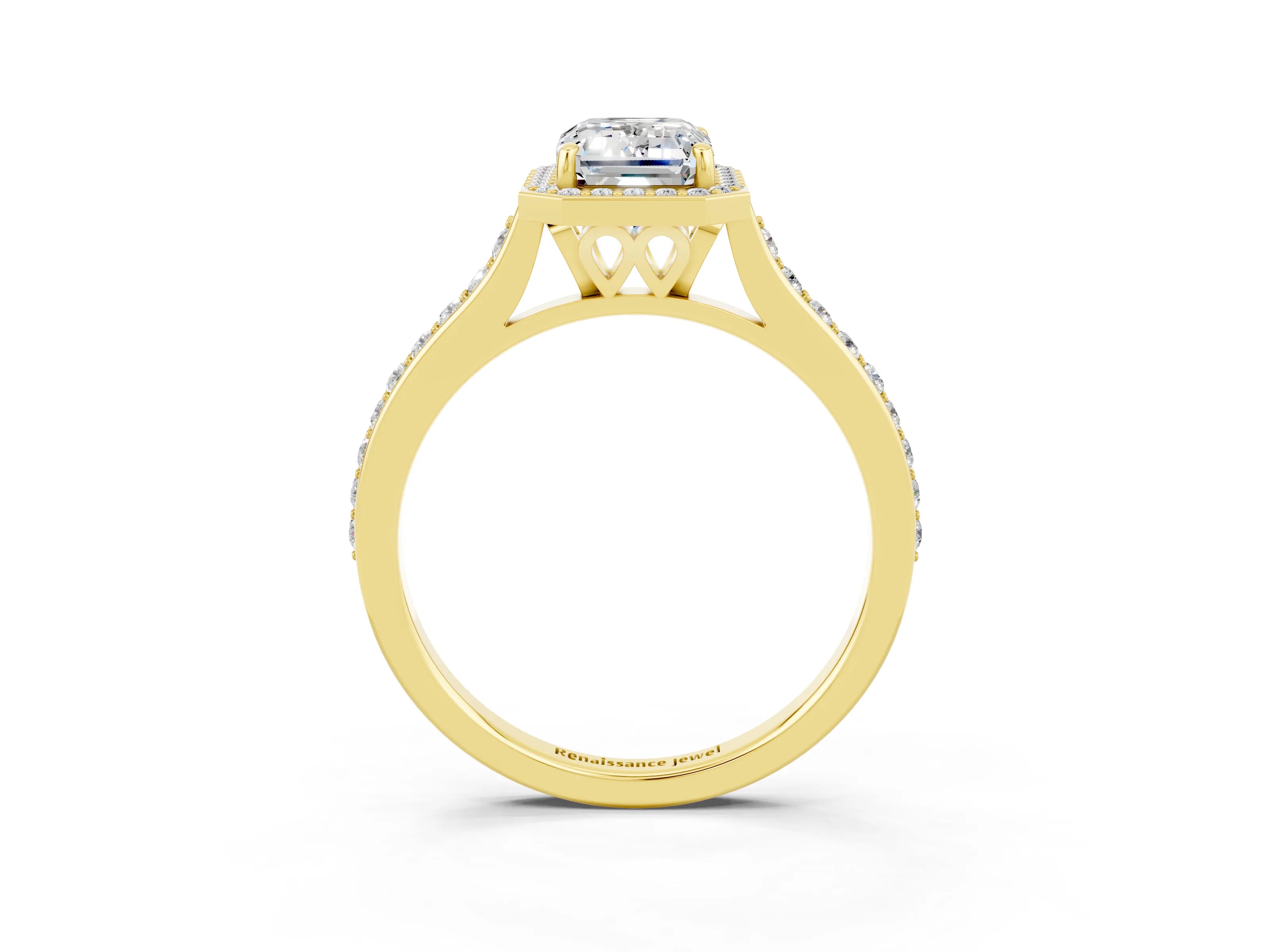 Yellow gold Emerald Cut Halo Round Diamond Pavé Band with Four-Prong Setting_3