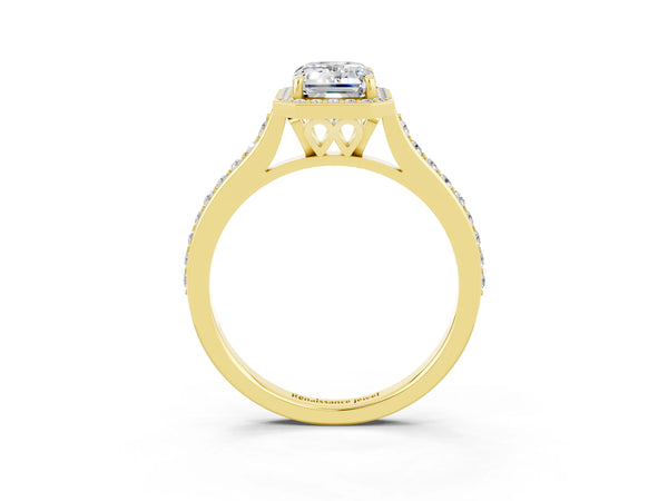 Yellow gold Emerald Cut Moissanite Halo Engagement Ring with Round Pavé Shoulders and Prong Setting