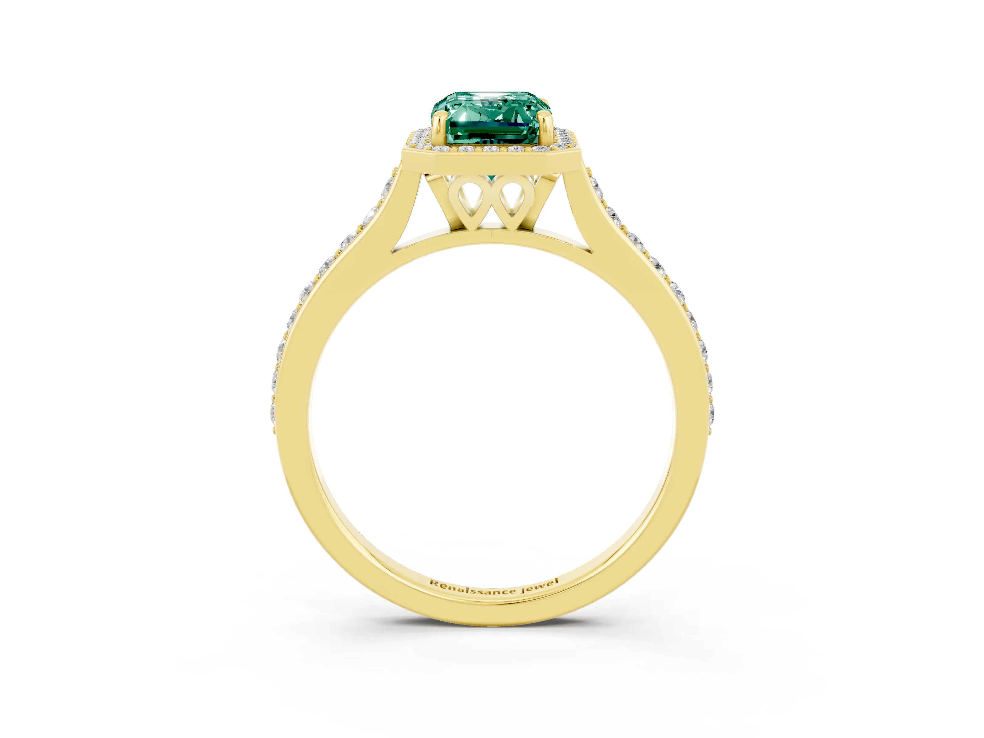 Yellow gold Emerald Cut Halo Round Diamond Pavé Band with Four-Prong Setting_3