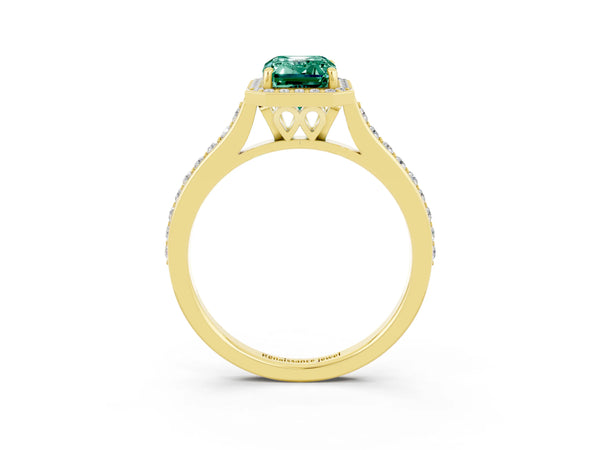 Yellow gold Emerald Cut Green Sapphire Halo Engagement Ring with Round Pavé Shoulders and Prong Setting