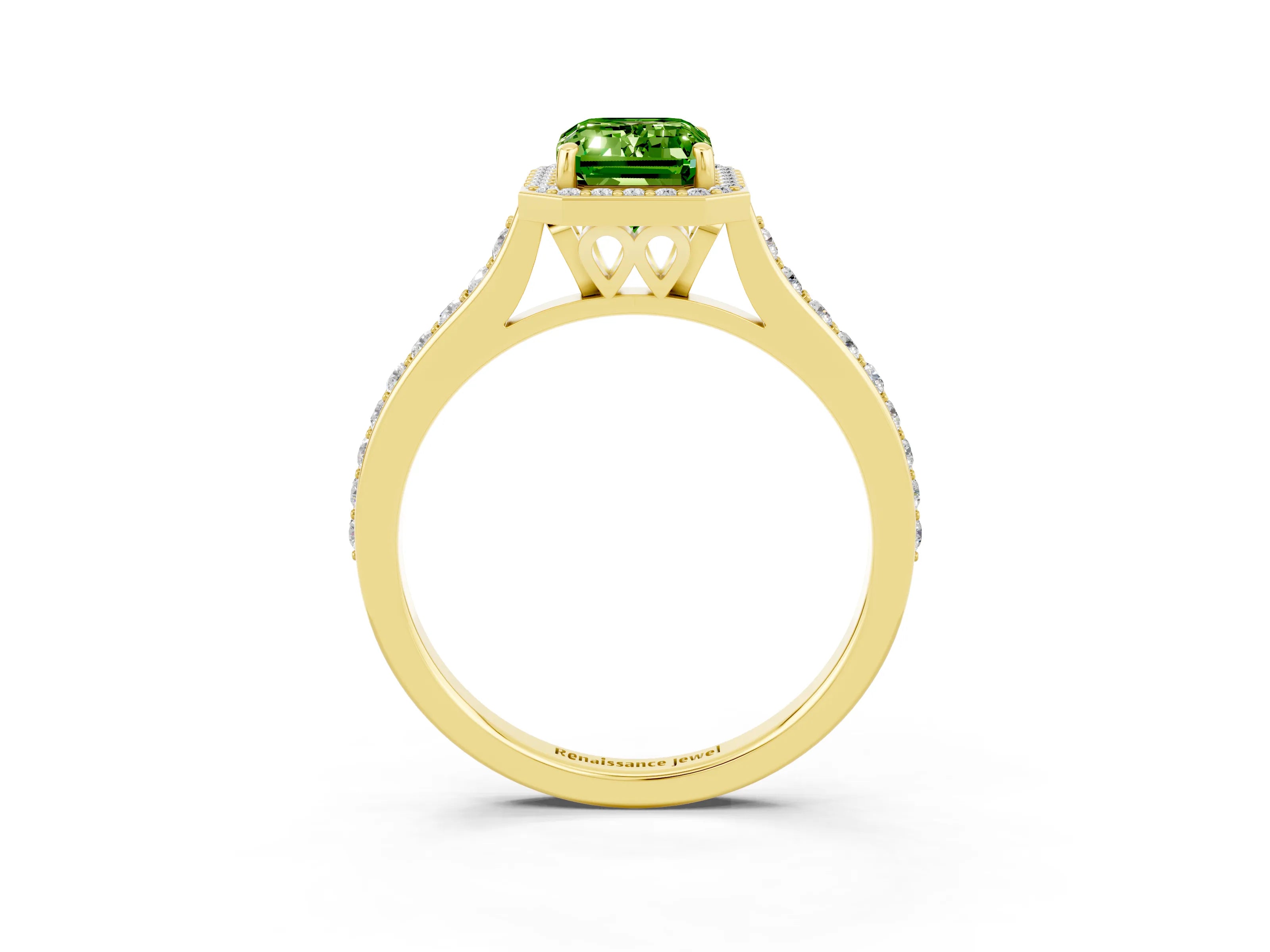 Yellow gold Emerald Cut Halo Round Diamond Pavé Band with Four-Prong Setting_3