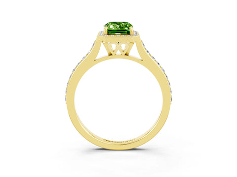 Yellow gold Emerald Cut Halo Round Diamond Pavé Band with Four-Prong Setting_3