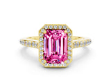 Yellow gold Emerald Cut Halo Round Diamond Pavé Band with Four-Prong Setting