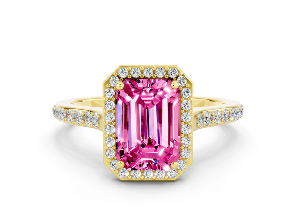 Yellow gold Emerald Cut Pink Sapphire Halo Engagement Ring with Round Pavé Shoulders and Prong Setting