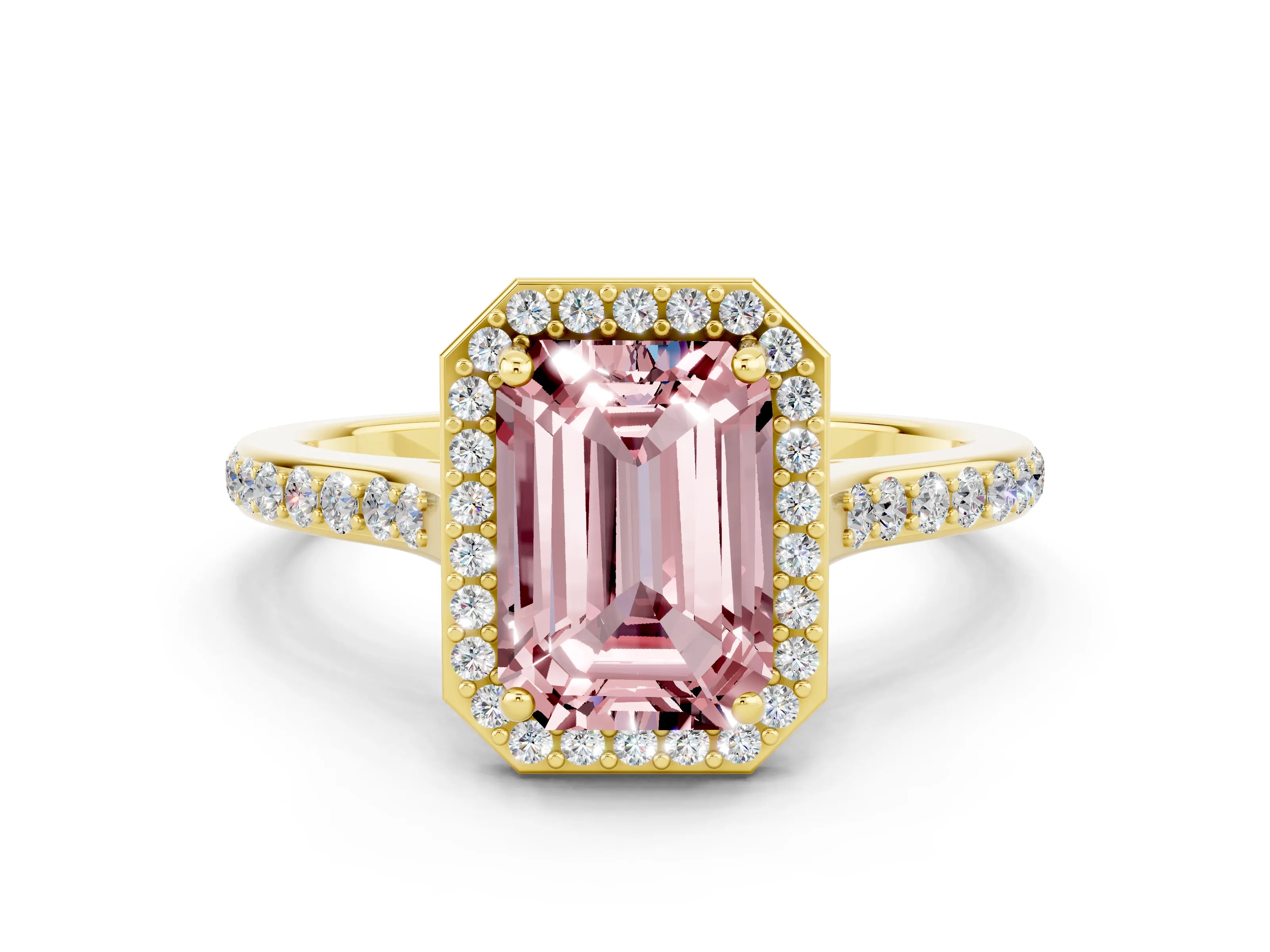 Yellow gold Emerald Cut Halo Round Diamond Pavé Band with Four-Prong Setting