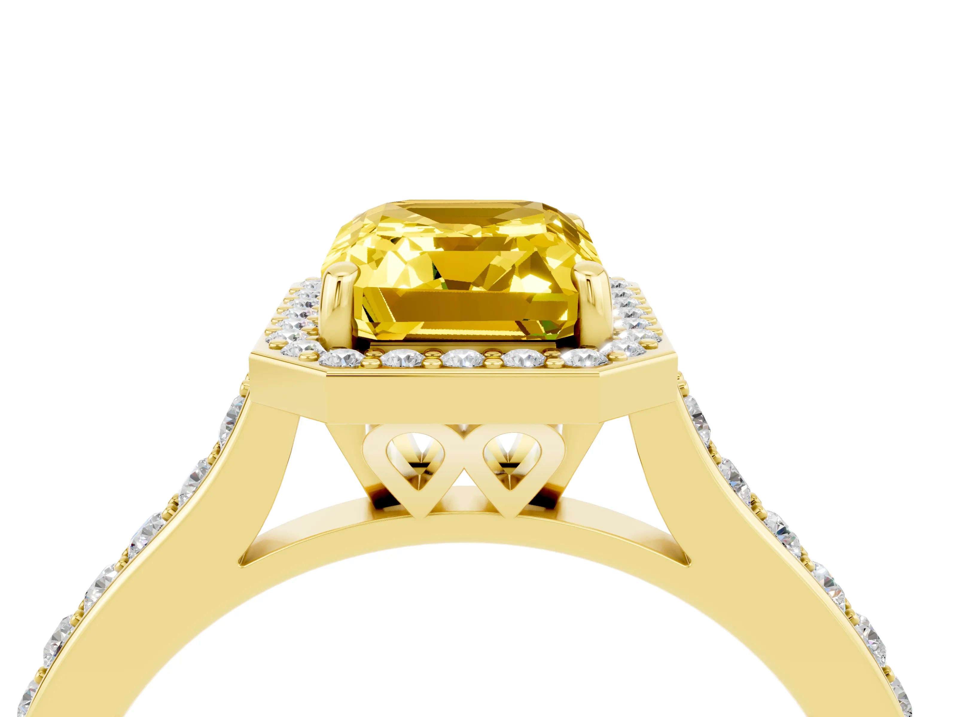 Yellow gold Emerald Cut Halo Round Diamond Pavé Band with Four-Prong Setting_4