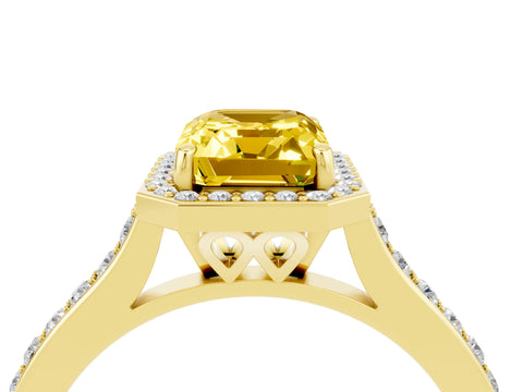 Yellow gold Emerald Cut Halo Round Diamond Pavé Band with Four-Prong Setting_4