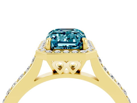 Yellow gold Emerald Cut Halo Round Diamond Pavé Band with Four-Prong Setting_4