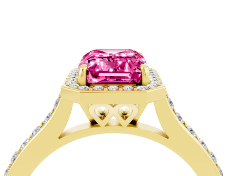 Yellow gold Emerald Cut Halo Round Diamond Pavé Band with Four-Prong Setting_4