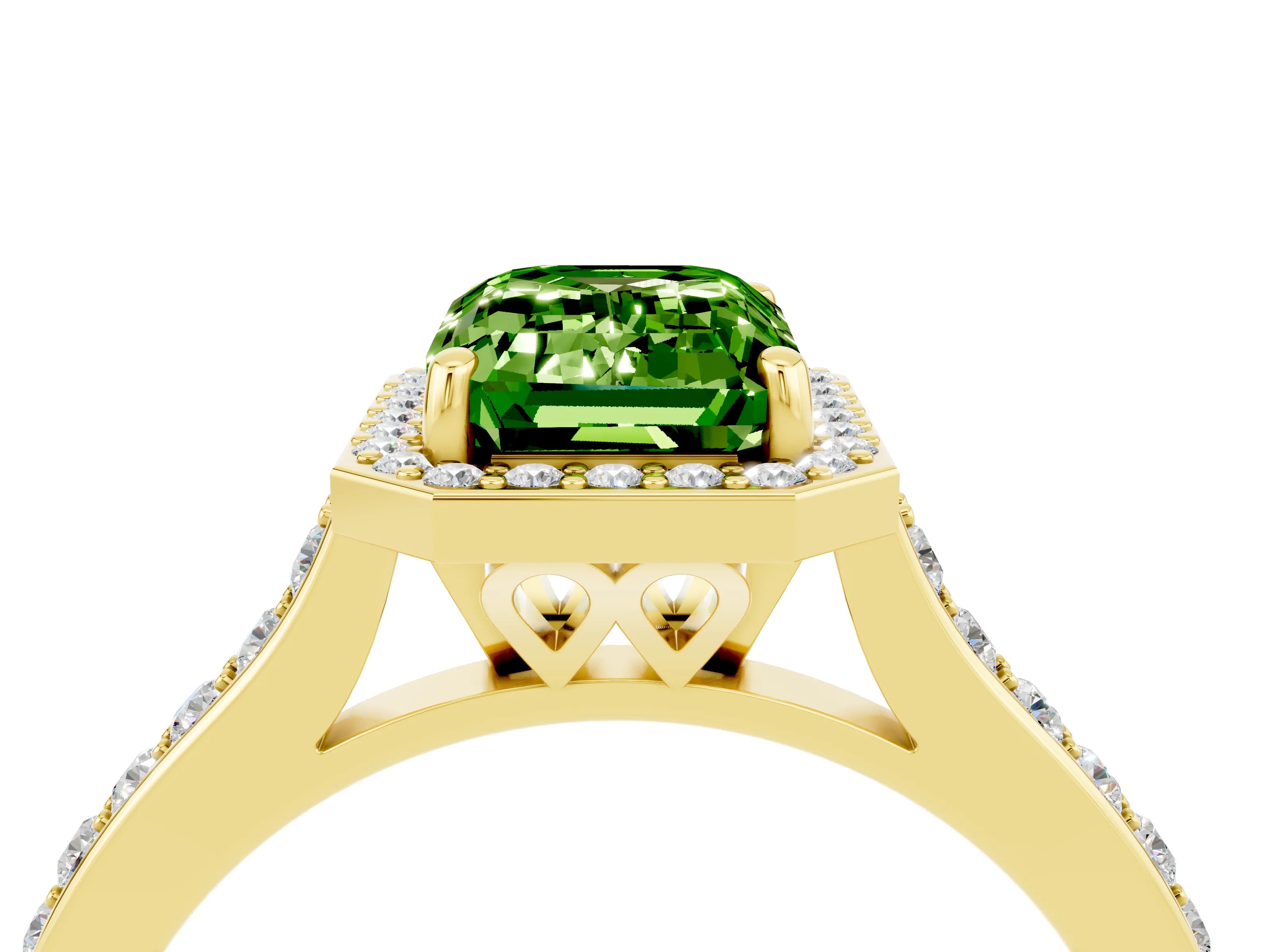 Yellow gold Emerald Cut Halo Round Diamond Pavé Band with Four-Prong Setting_4