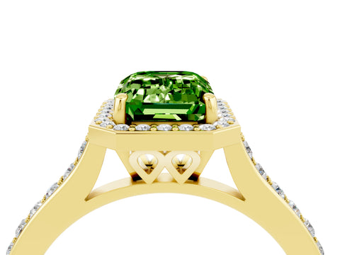 Yellow gold Emerald Cut Halo Round Diamond Pavé Band with Four-Prong Setting_4