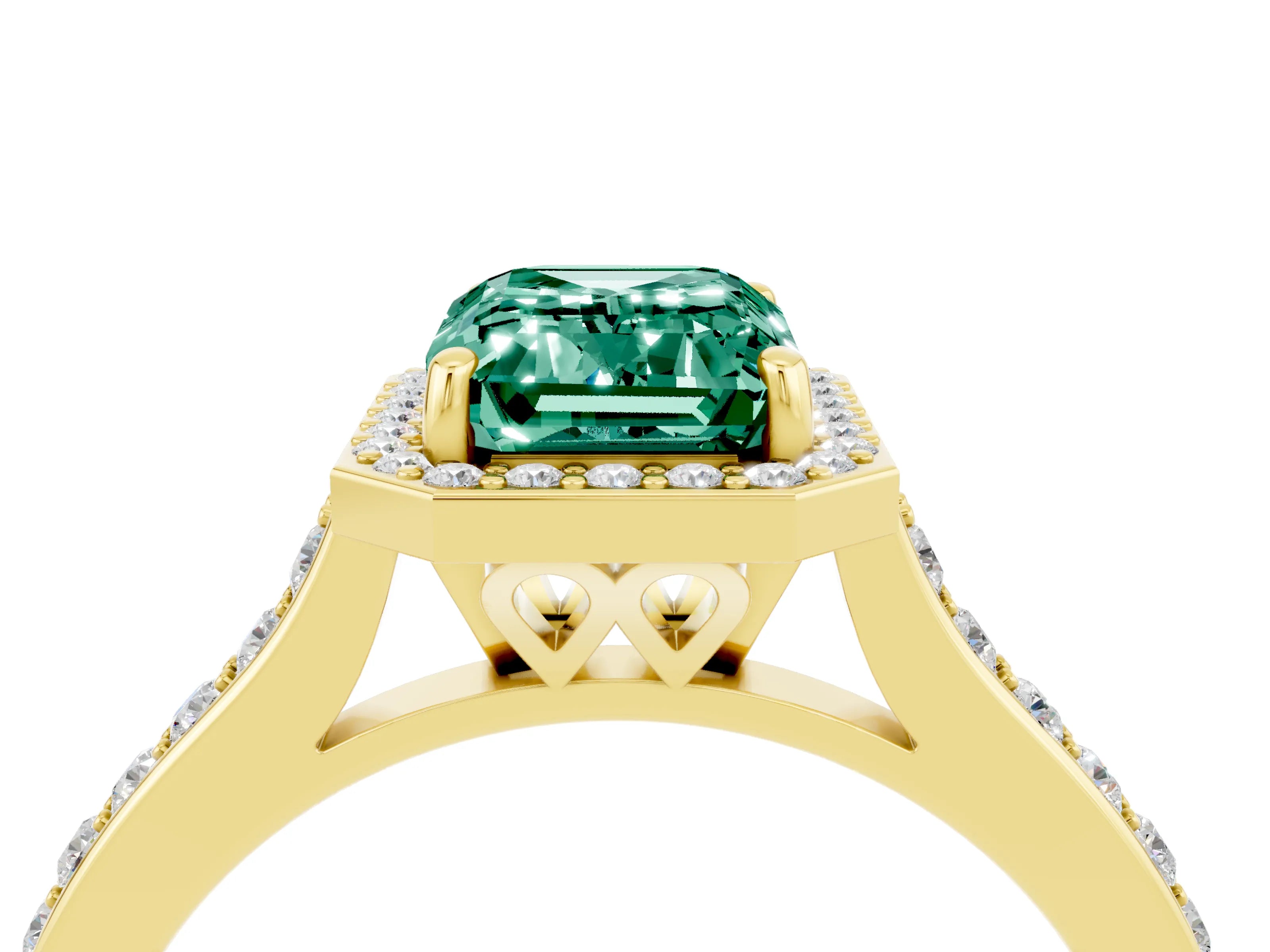 Yellow gold Emerald Cut Halo Round Diamond Pavé Band with Four-Prong Setting_4