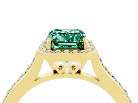 Yellow gold Emerald Cut Halo Round Diamond Pavé Band with Four-Prong Setting_4