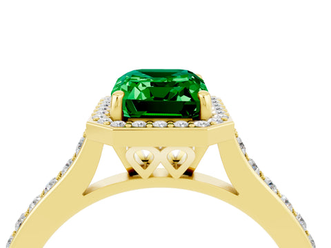 Yellow gold Emerald Cut Halo Round Diamond Pavé Band with Four-Prong Setting_4
