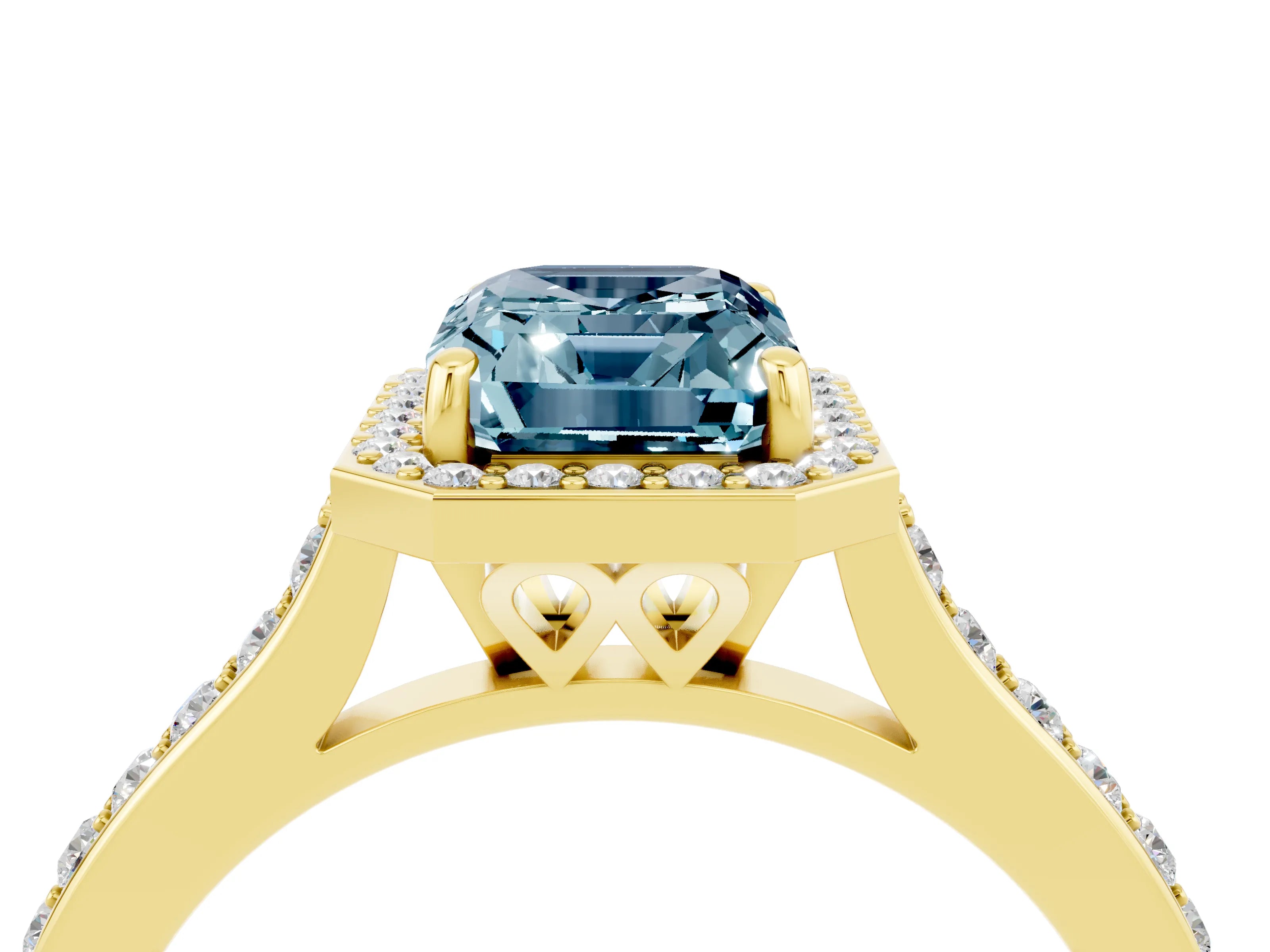Yellow gold Emerald Cut Halo Round Diamond Pavé Band with Four-Prong Setting_4