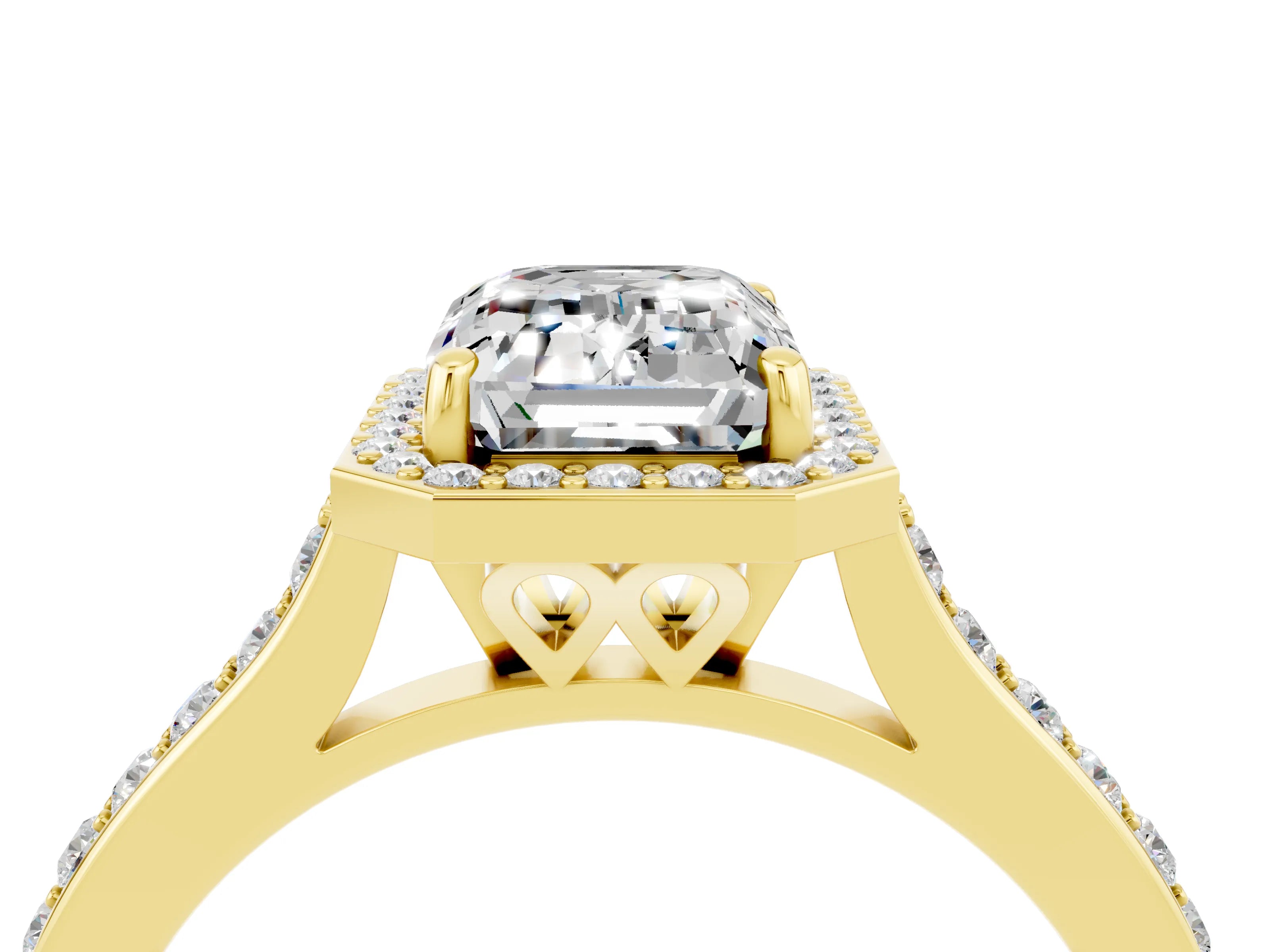 Yellow gold Emerald Cut Halo Round Diamond Pavé Band with Four-Prong Setting_4