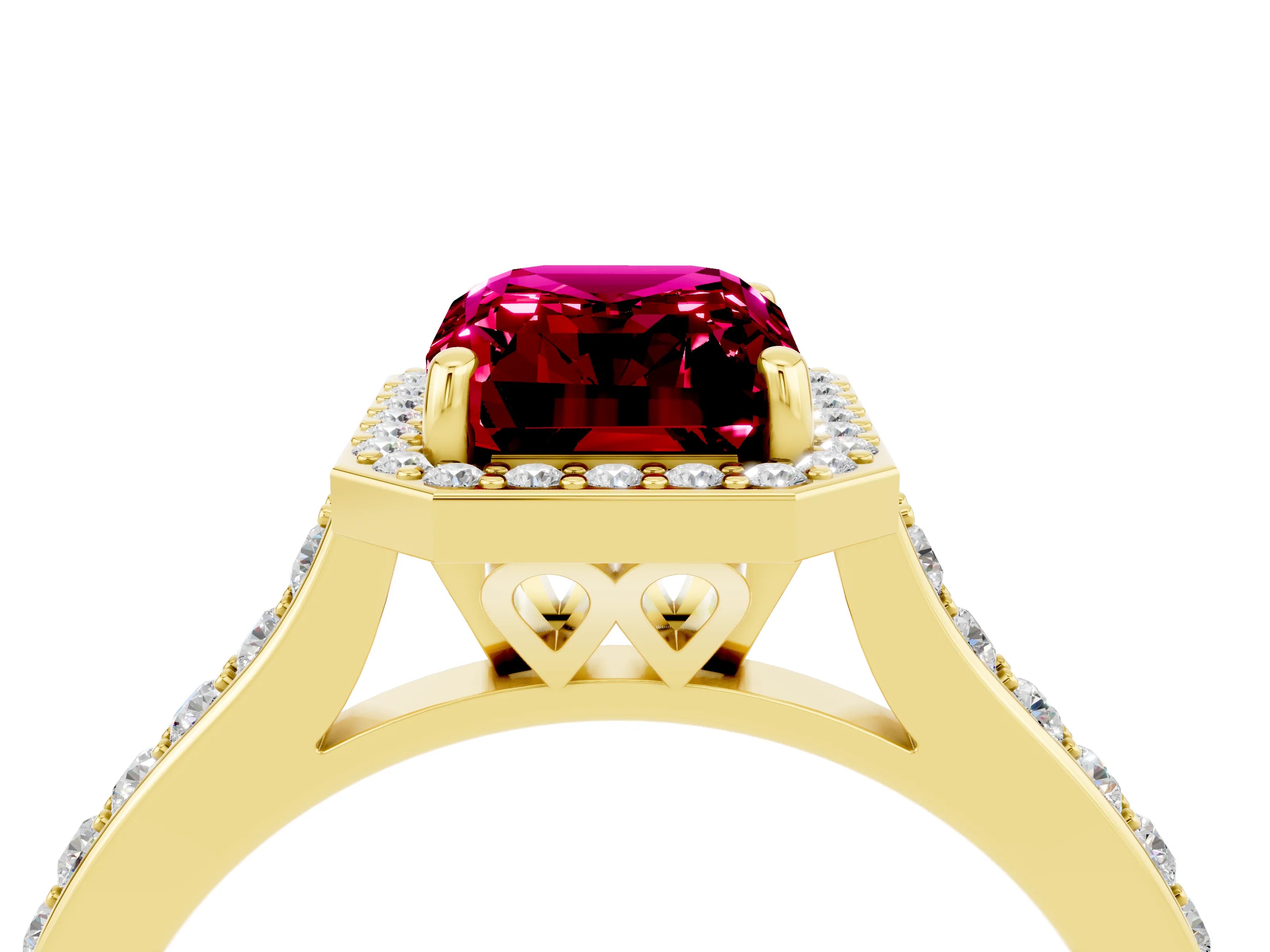 Yellow gold Emerald Cut Halo Round Diamond Pavé Band with Four-Prong Setting_4