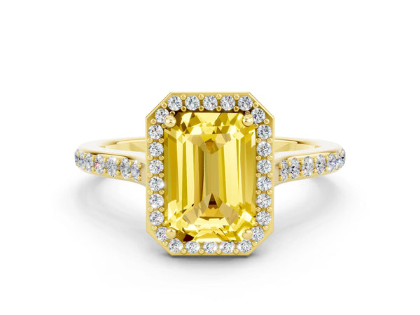 Yellow gold Emerald Cut Yellow Sapphire Halo Engagement Ring with Round Pavé Shoulders and Prong Setting