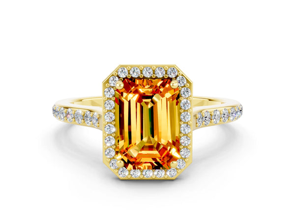 Yellow gold Emerald Cut Citrine Halo Engagement Ring with Round Pavé Shoulders and Prong Setting