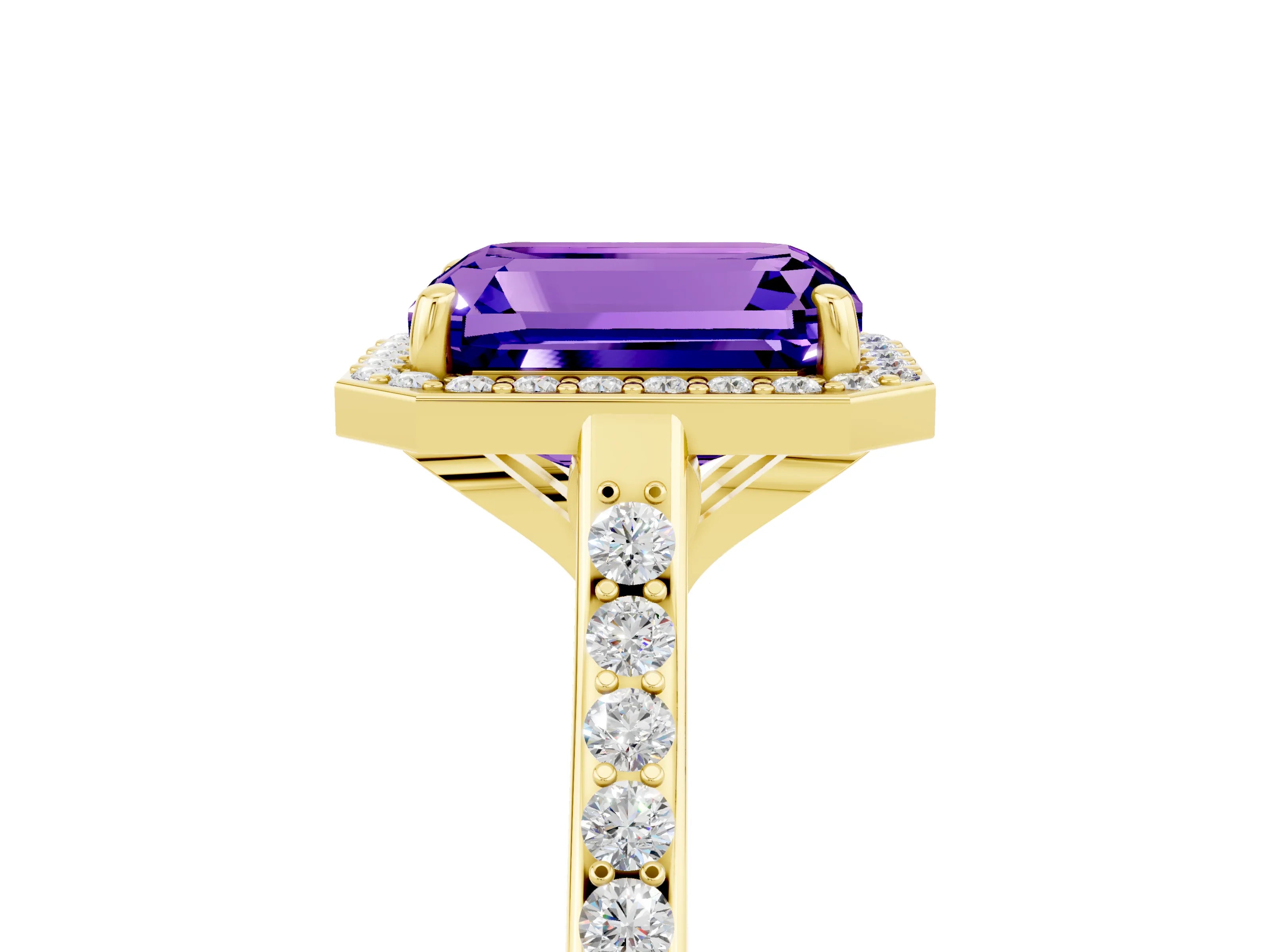 Yellow gold Emerald Cut Halo Round Diamond Pavé Band with Four-Prong Setting_5