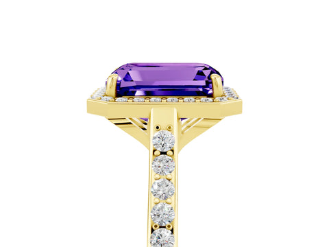 Yellow gold Emerald Cut Halo Round Diamond Pavé Band with Four-Prong Setting_5