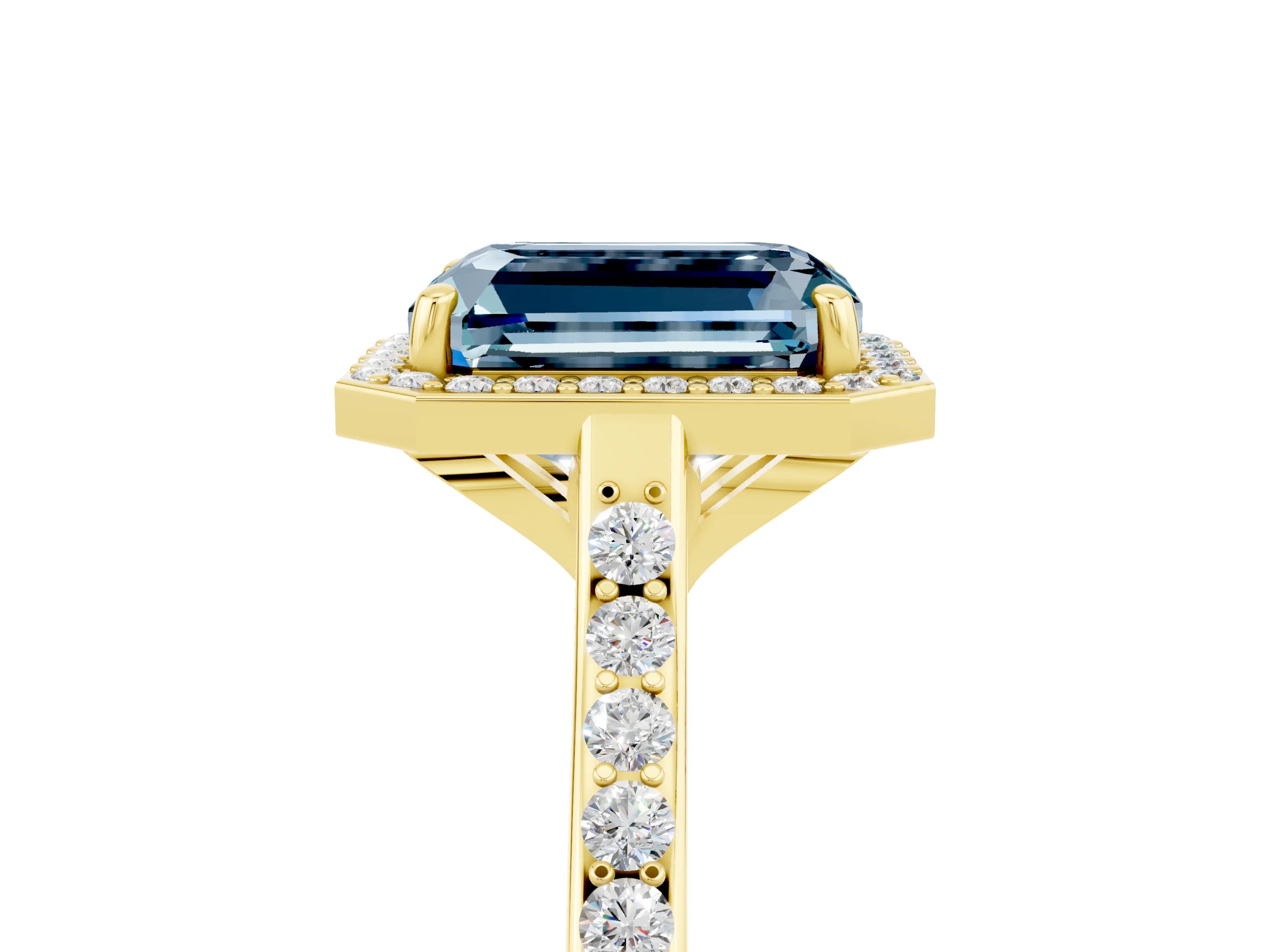 Yellow gold Emerald Cut Halo Round Diamond Pavé Band with Four-Prong Setting_5