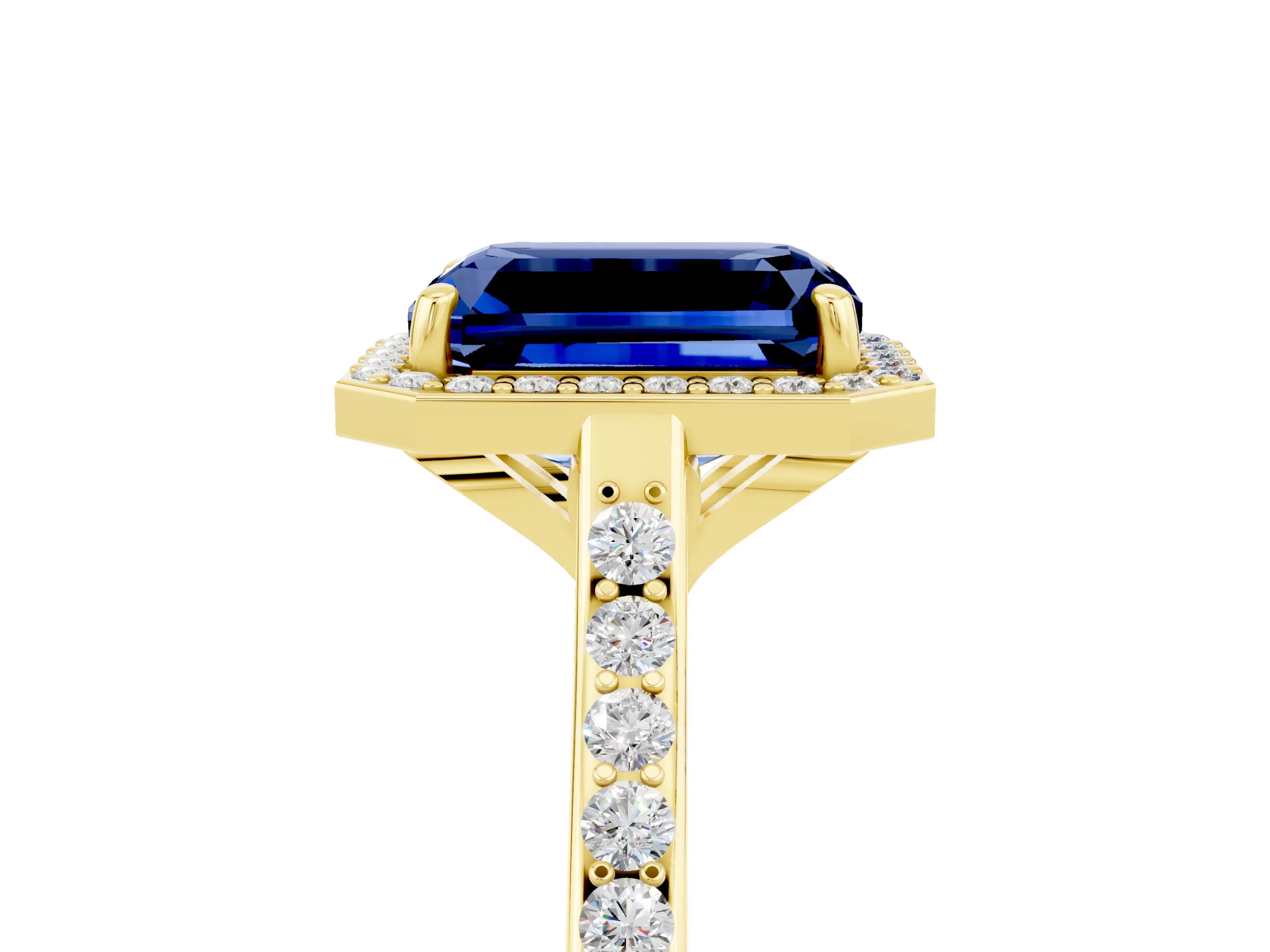 Yellow gold Emerald Cut Halo Round Diamond Pavé Band with Four-Prong Setting_5
