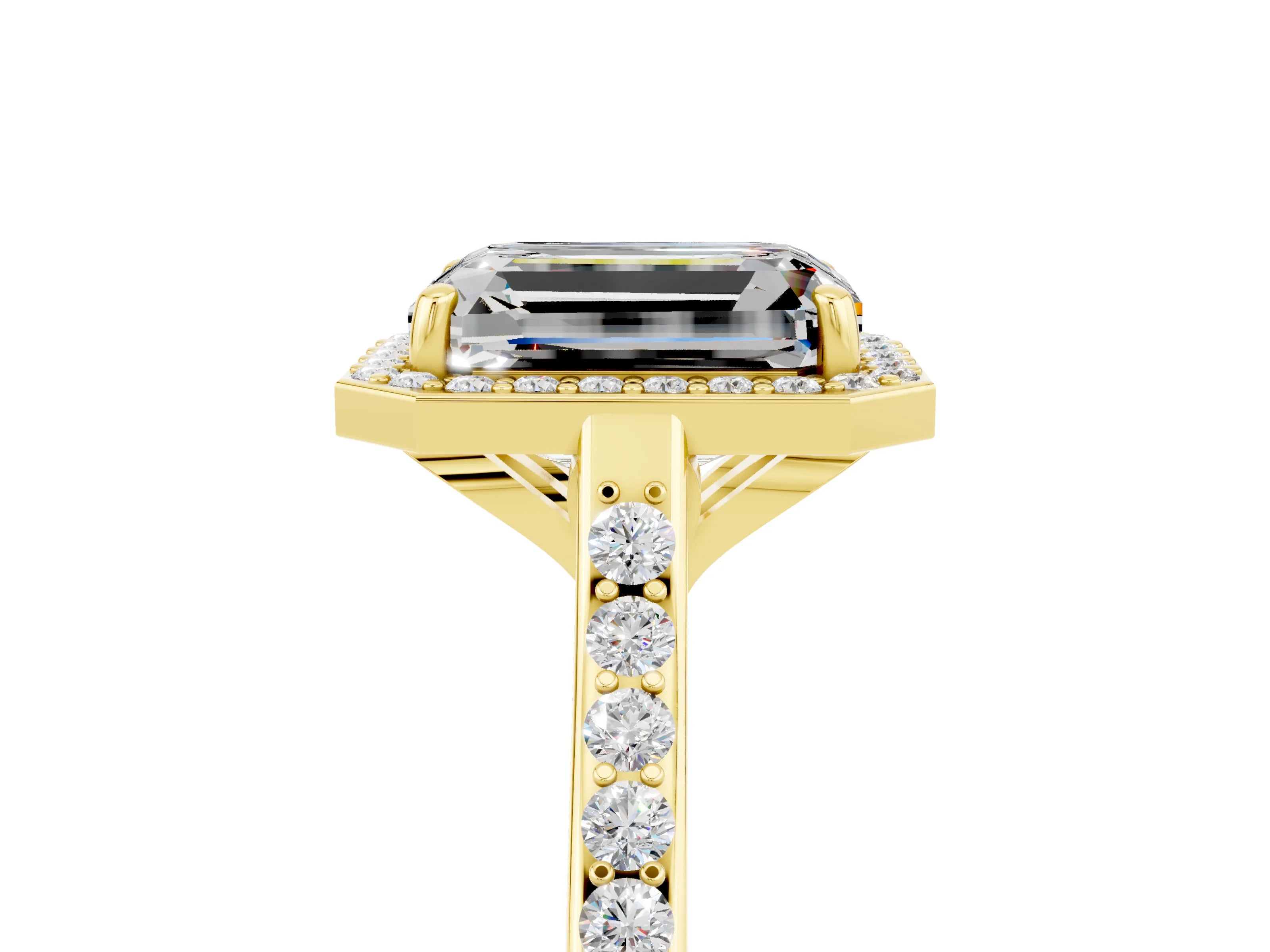 Yellow gold Emerald Cut Halo Round Diamond Pavé Band with Four-Prong Setting_5