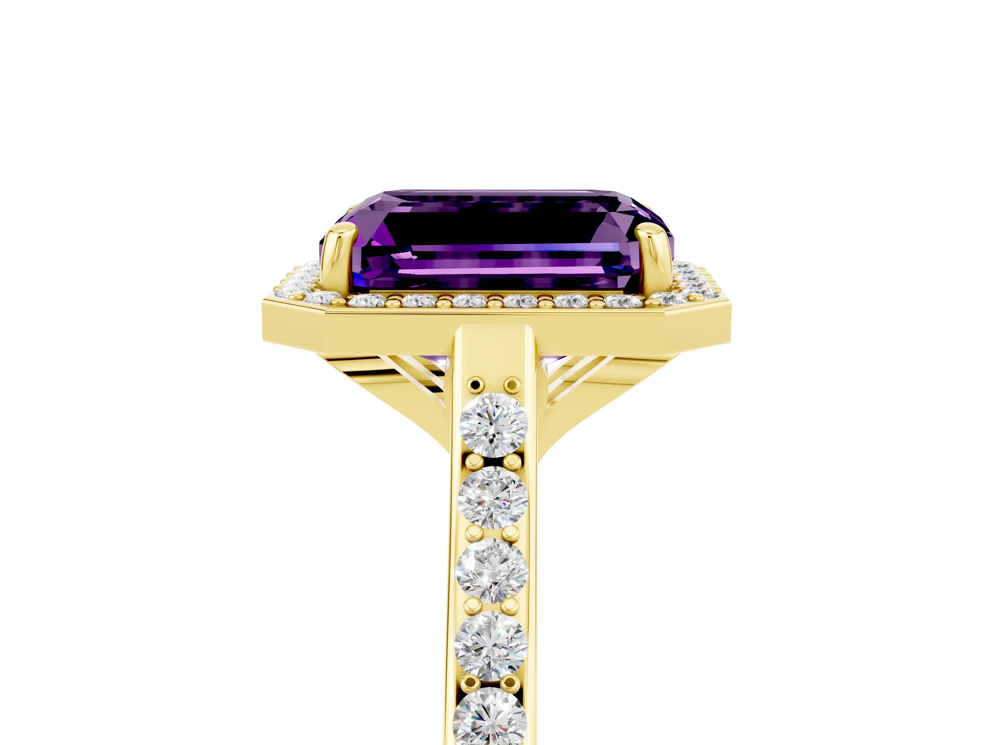 Yellow gold Emerald Cut Halo Round Diamond Pavé Band with Four-Prong Setting_5