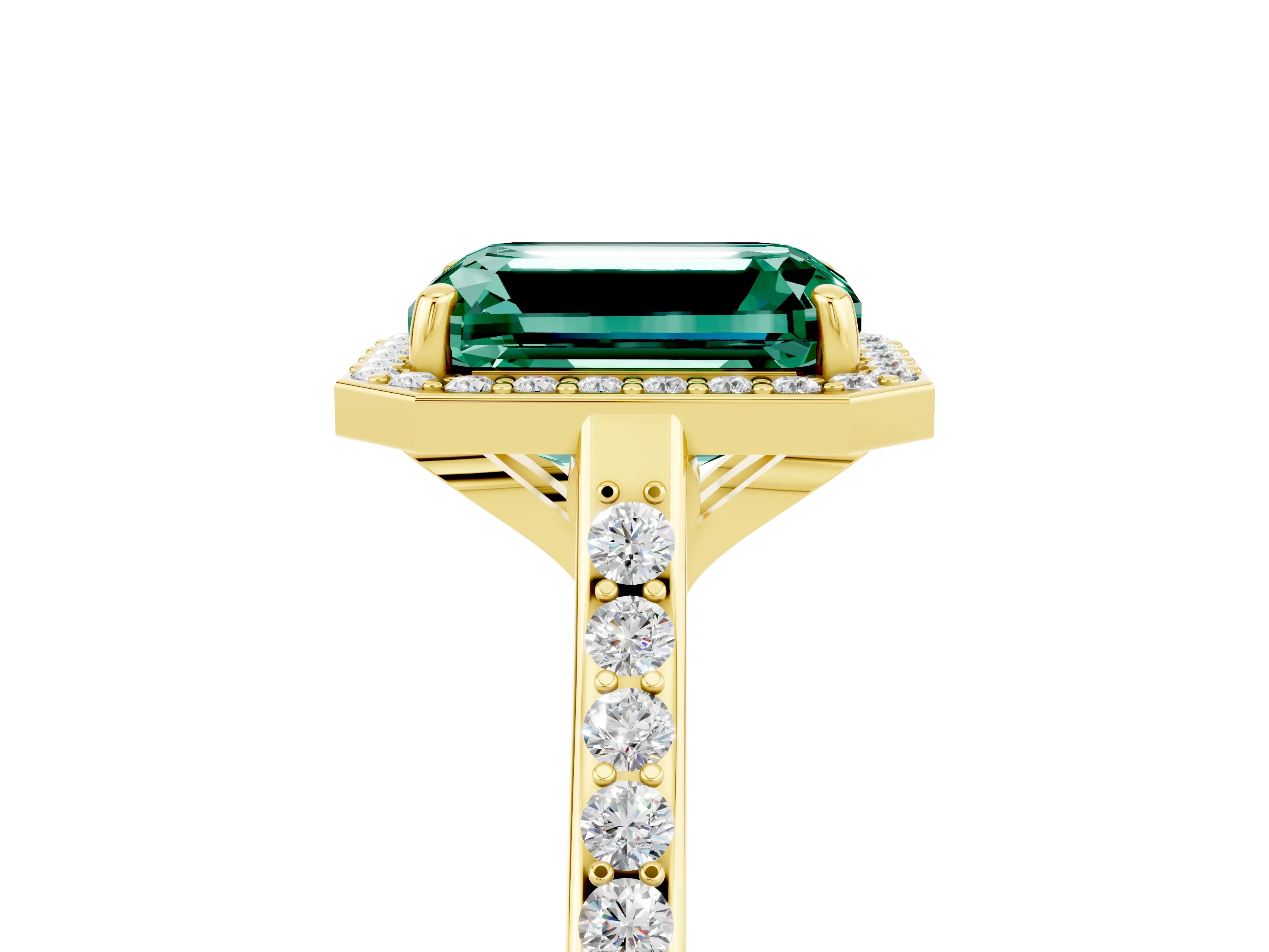 Yellow gold Emerald Cut Halo Round Diamond Pavé Band with Four-Prong Setting_5
