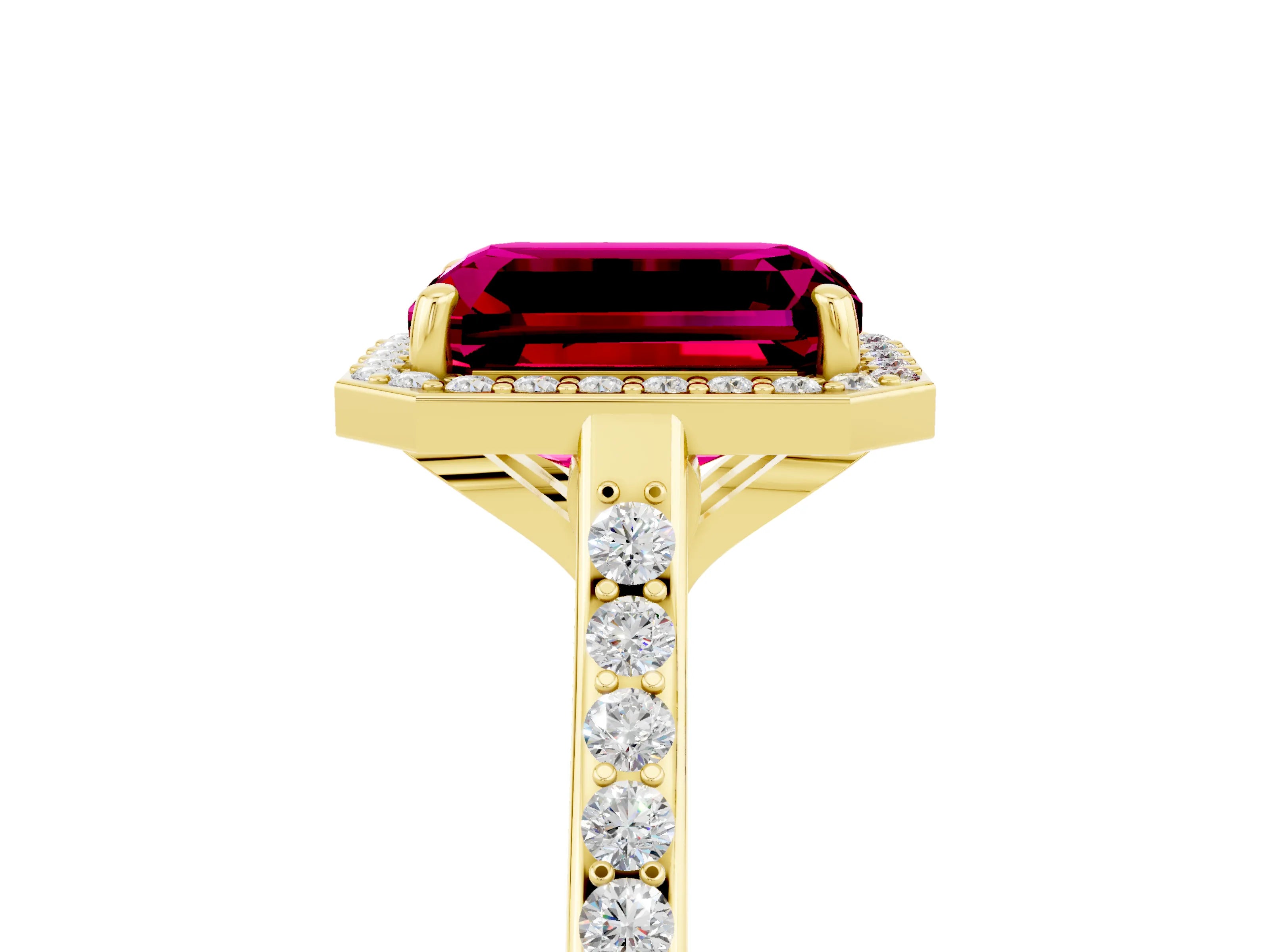 Yellow gold Emerald Cut Halo Round Diamond Pavé Band with Four-Prong Setting_5