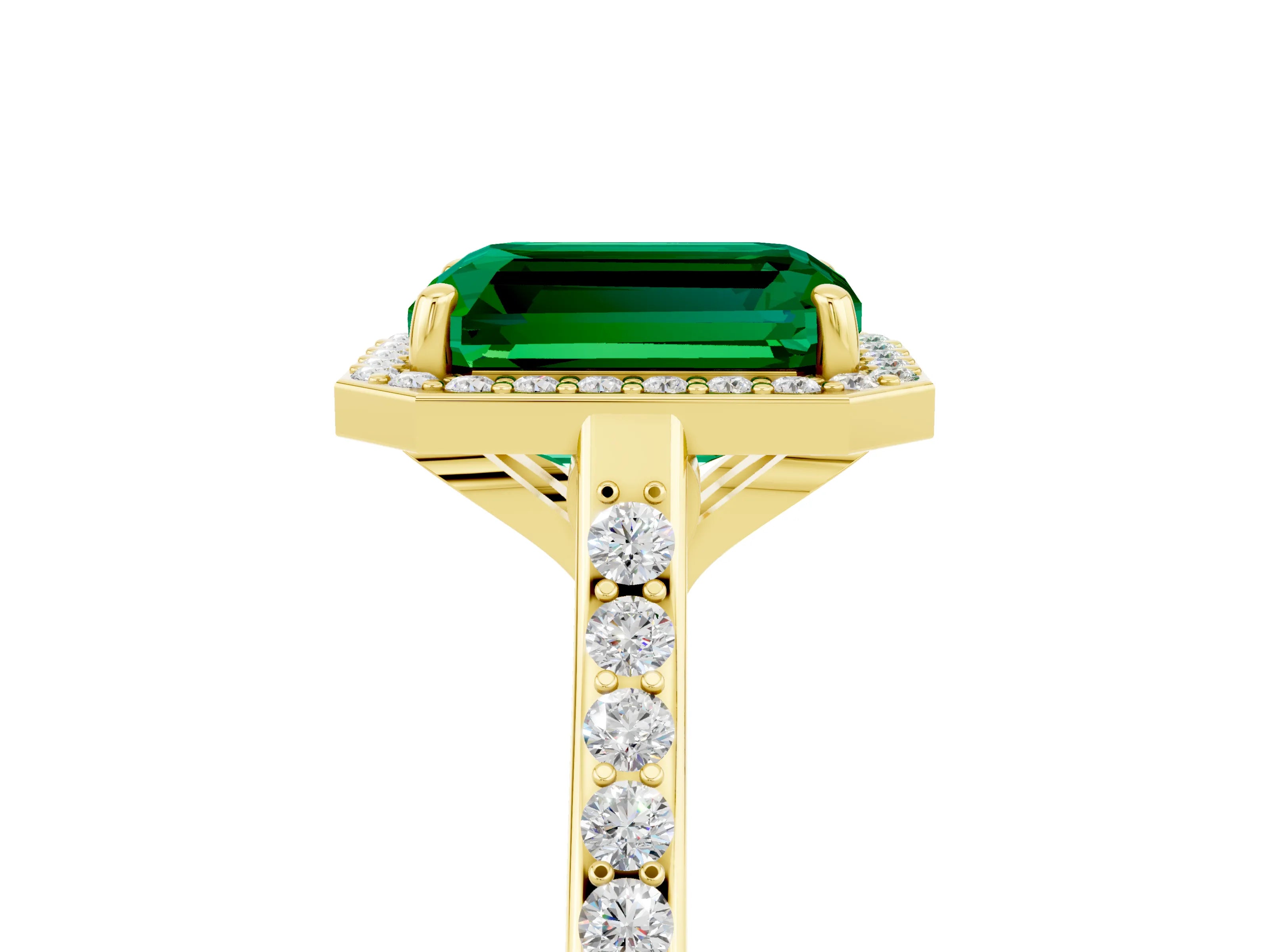 Yellow gold Emerald Cut Halo Round Diamond Pavé Band with Four-Prong Setting_5