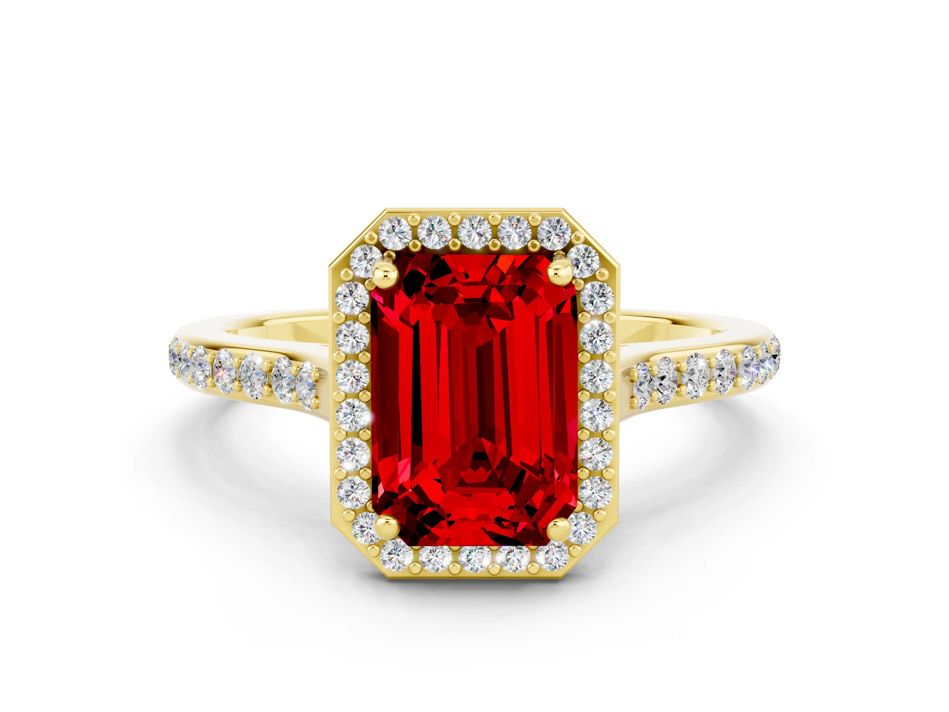 Yellow gold Emerald Cut Halo Round Diamond Pavé Band with Four-Prong Setting