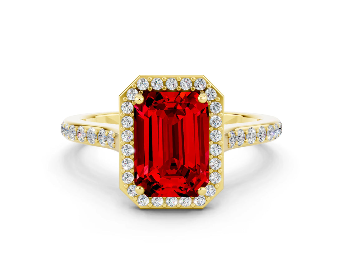 Yellow gold Emerald Cut Halo Round Diamond Pavé Band with Four-Prong Setting