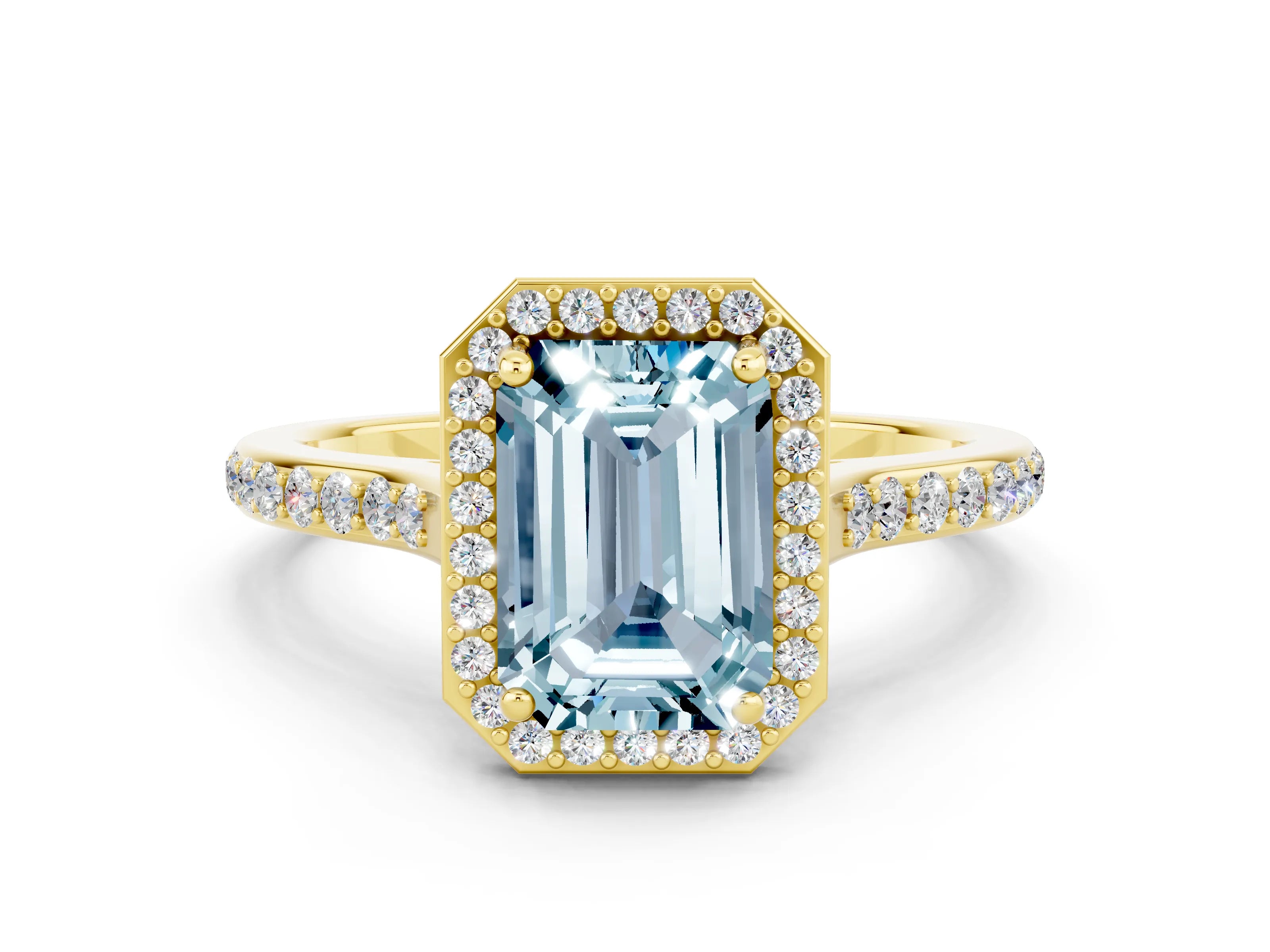 Yellow gold Emerald Cut Halo Round Diamond Pavé Band with Four-Prong Setting