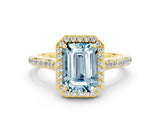 Yellow gold Emerald Cut Halo Round Diamond Pavé Band with Four-Prong Setting