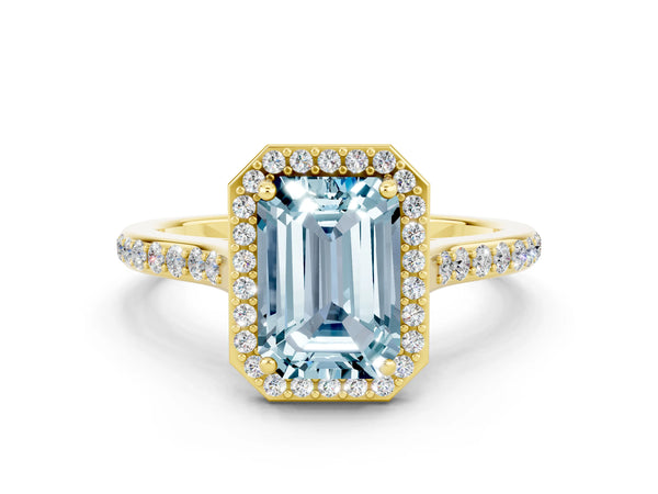 Yellow gold Emerald Cut Aquamarine Halo Engagement Ring with Round Pavé Shoulders and Prong Setting