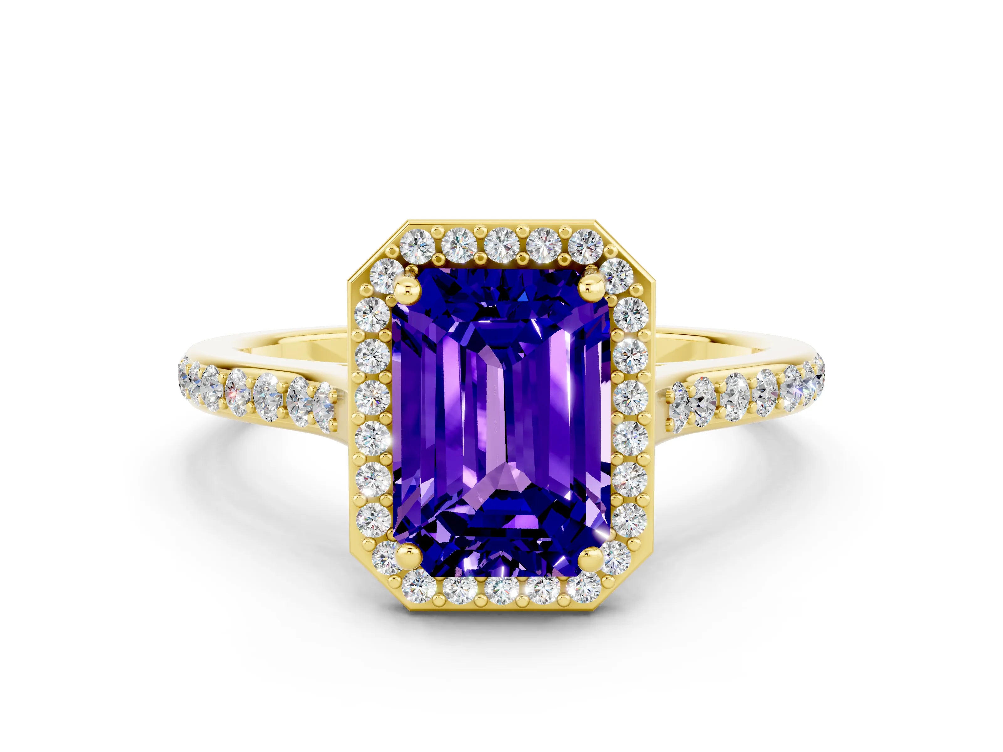 Yellow gold Emerald Cut Halo Round Diamond Pavé Band with Four-Prong Setting