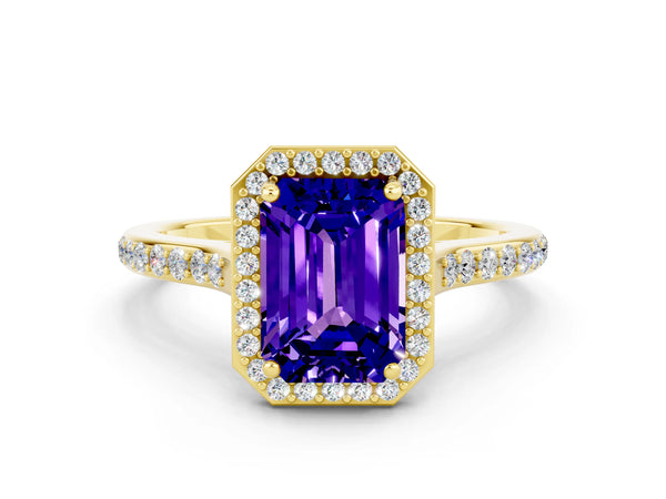Yellow gold Emerald Cut Tanzanite Halo Engagement Ring with Round Pavé Shoulders and Prong Setting