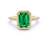 Yellow gold Emerald Cut Halo Round Diamond Pavé Band with Four-Prong Setting