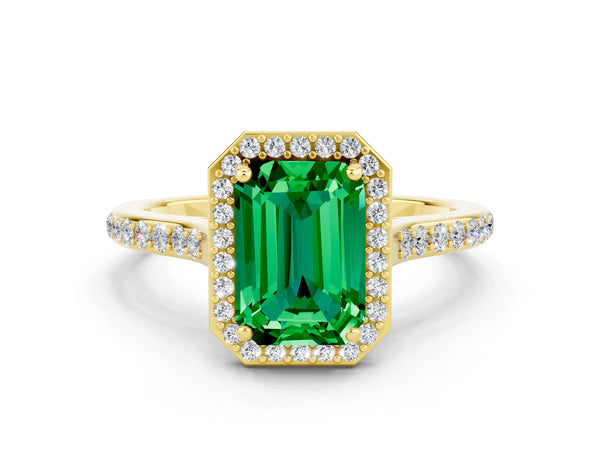 Yellow gold Emerald Cut Emerald Halo Engagement Ring with Round Pavé Shoulders and Prong Setting