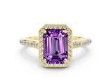 Yellow gold Emerald Cut Halo Round Diamond Pavé Band with Four-Prong Setting