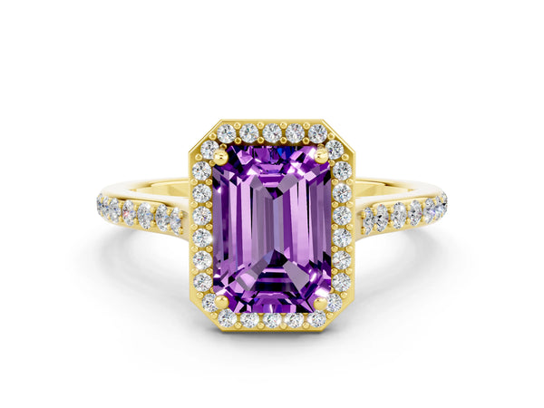 Yellow gold Emerald Cut Amethyst Halo Engagement Ring with Round Pavé Shoulders and Prong Setting