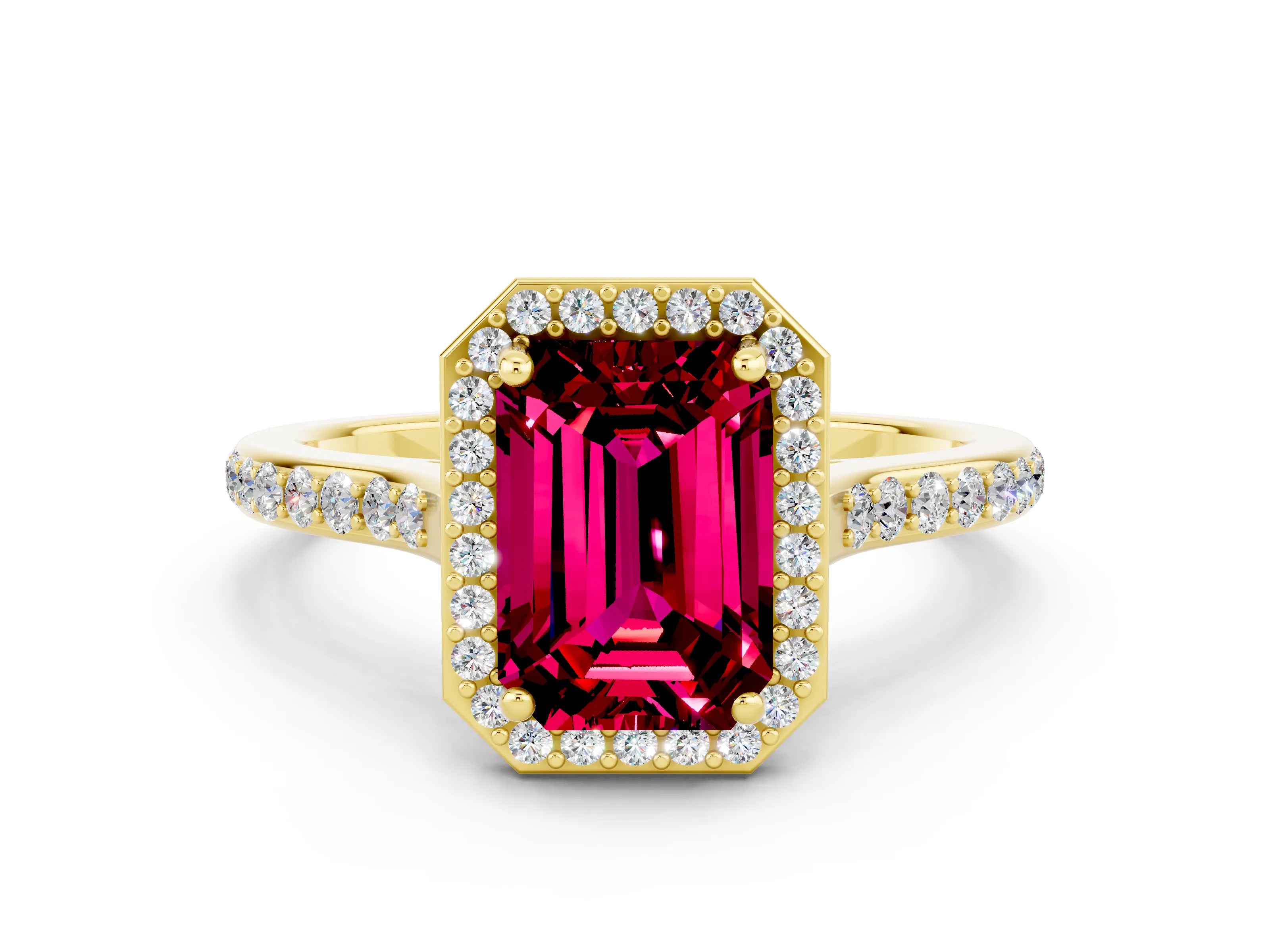 Yellow gold Emerald Cut Halo Round Diamond Pavé Band with Four-Prong Setting