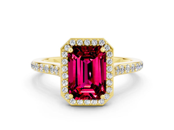 Yellow gold Emerald Cut Garnet Halo Engagement Ring with Round Pavé Shoulders and Prong Setting