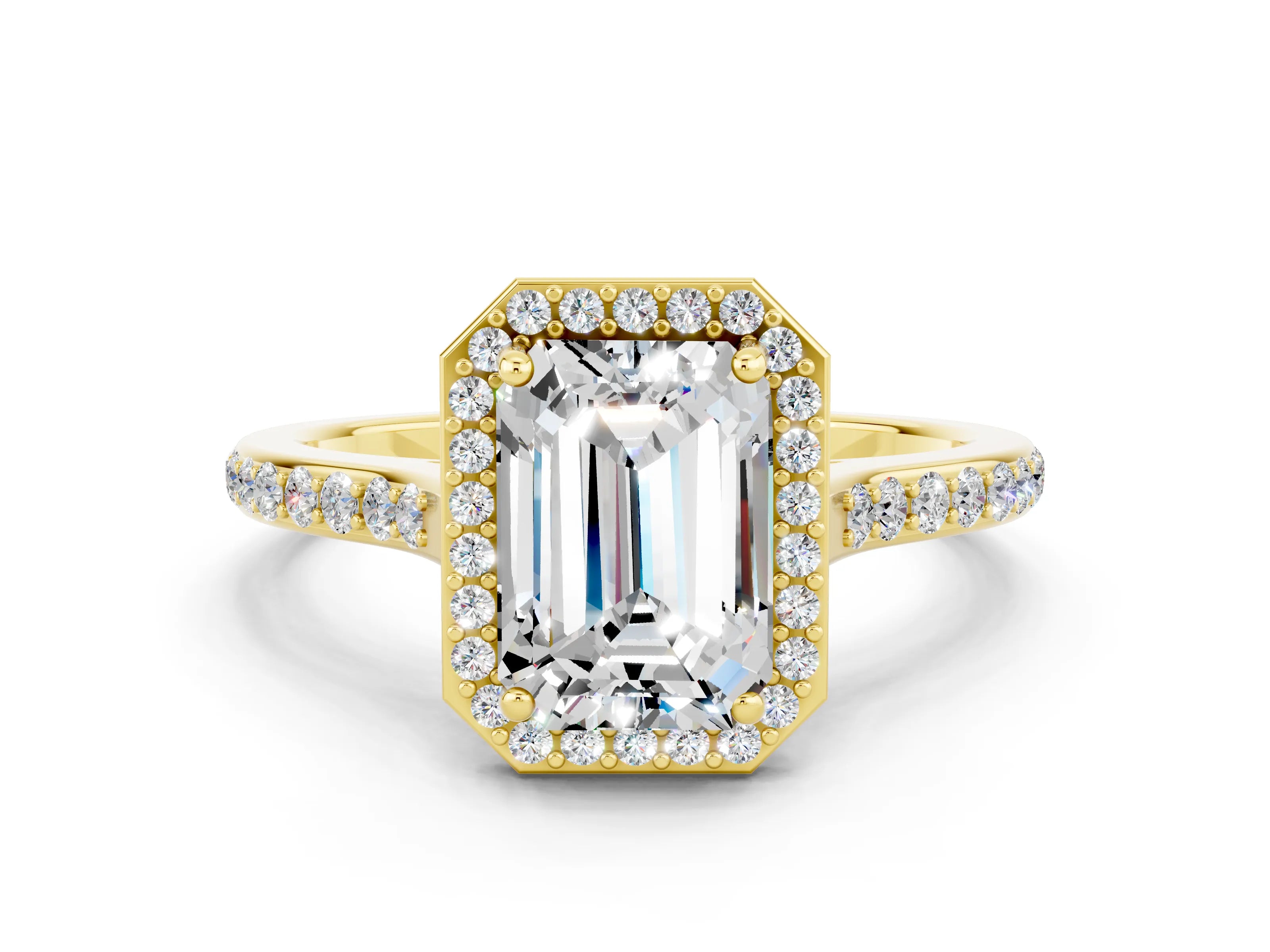 Yellow gold Emerald Cut Halo Round Diamond Pavé Band with Four-Prong Setting