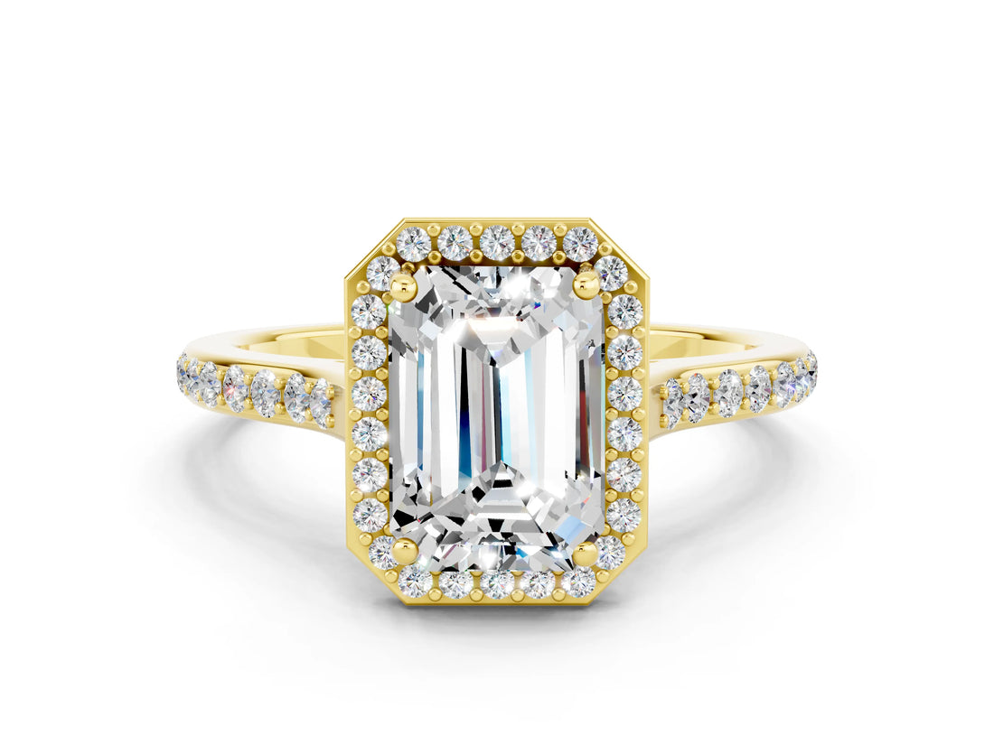 Yellow gold Emerald Cut Halo Round Diamond Pavé Band with Four-Prong Setting