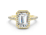 Yellow gold Emerald Cut Halo Round Diamond Pavé Band with Four-Prong Setting