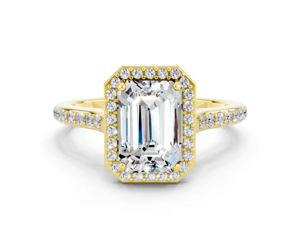 Yellow gold Emerald Cut Moissanite Halo Engagement Ring with Round Pavé Shoulders and Prong Setting